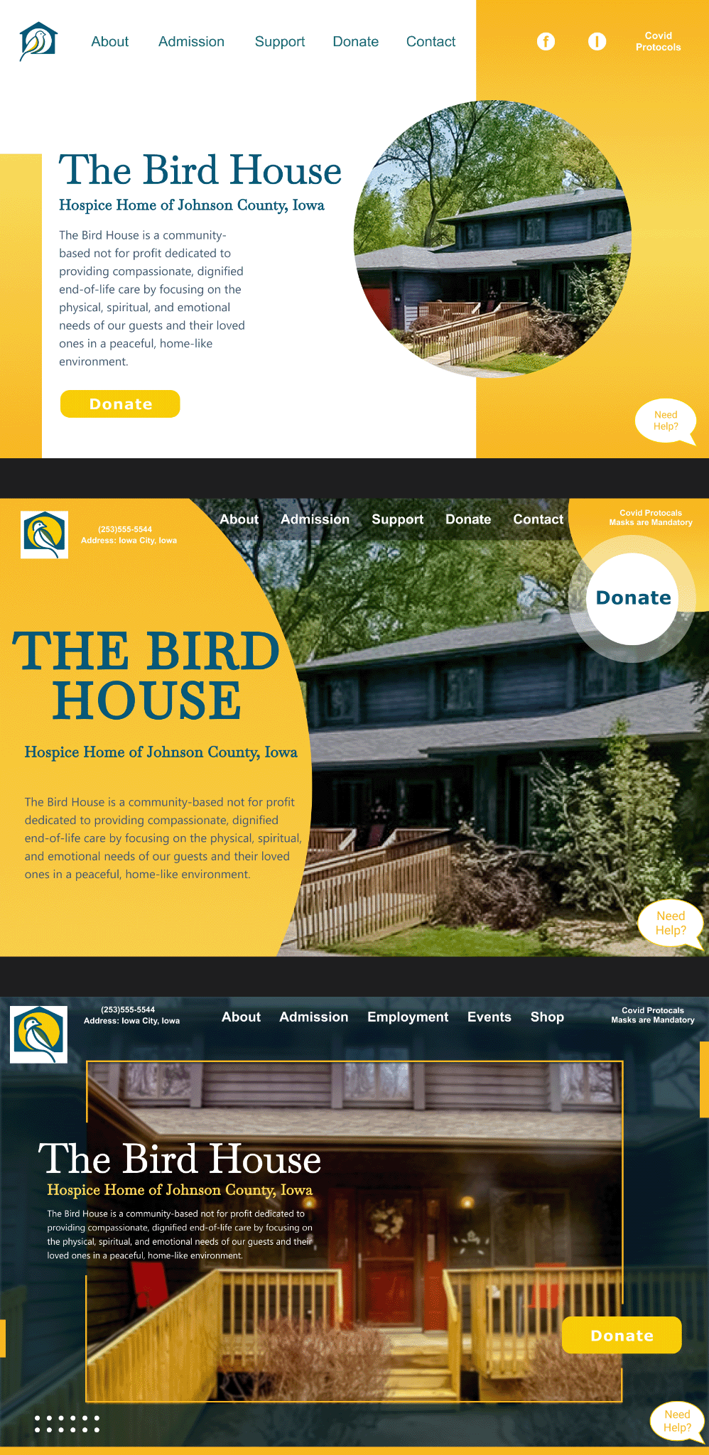 The Bird House website design iterations showing three different homepage concepts with varying color schemes and layouts