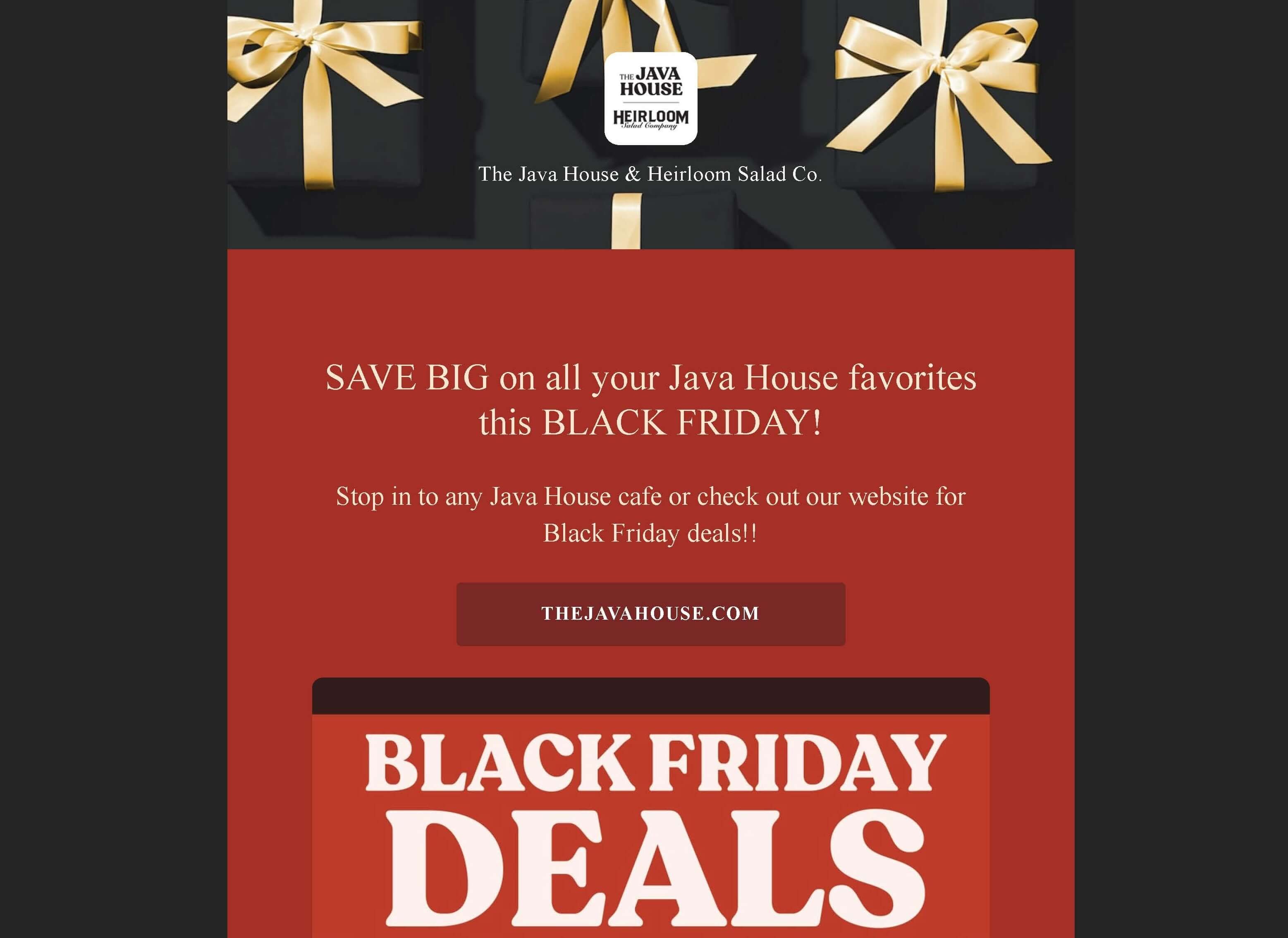Java House Black Friday promotional email campaign featuring seasonal offers, merchandise, and product promotions
