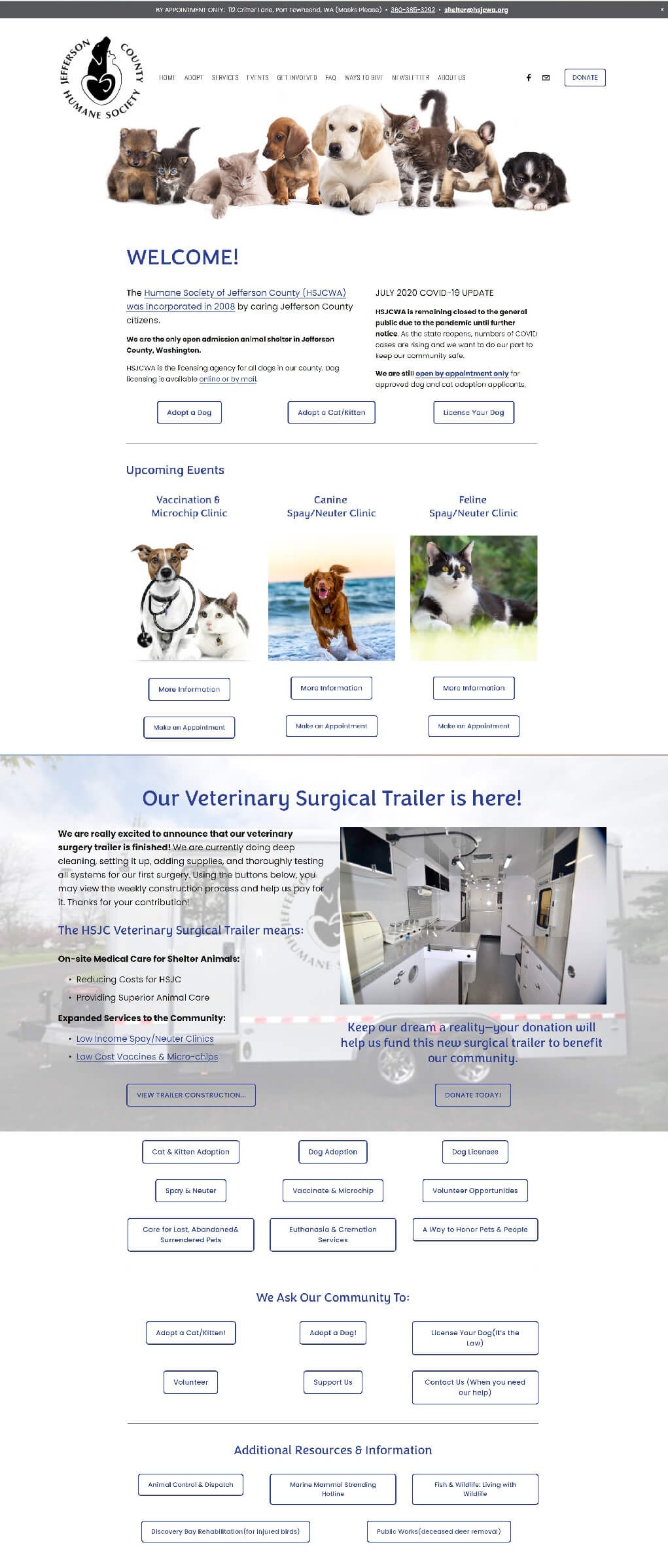 Jefferson Humane Society website showing information architecture issues - excessive text, poor hierarchy, and unclear calls-to-action