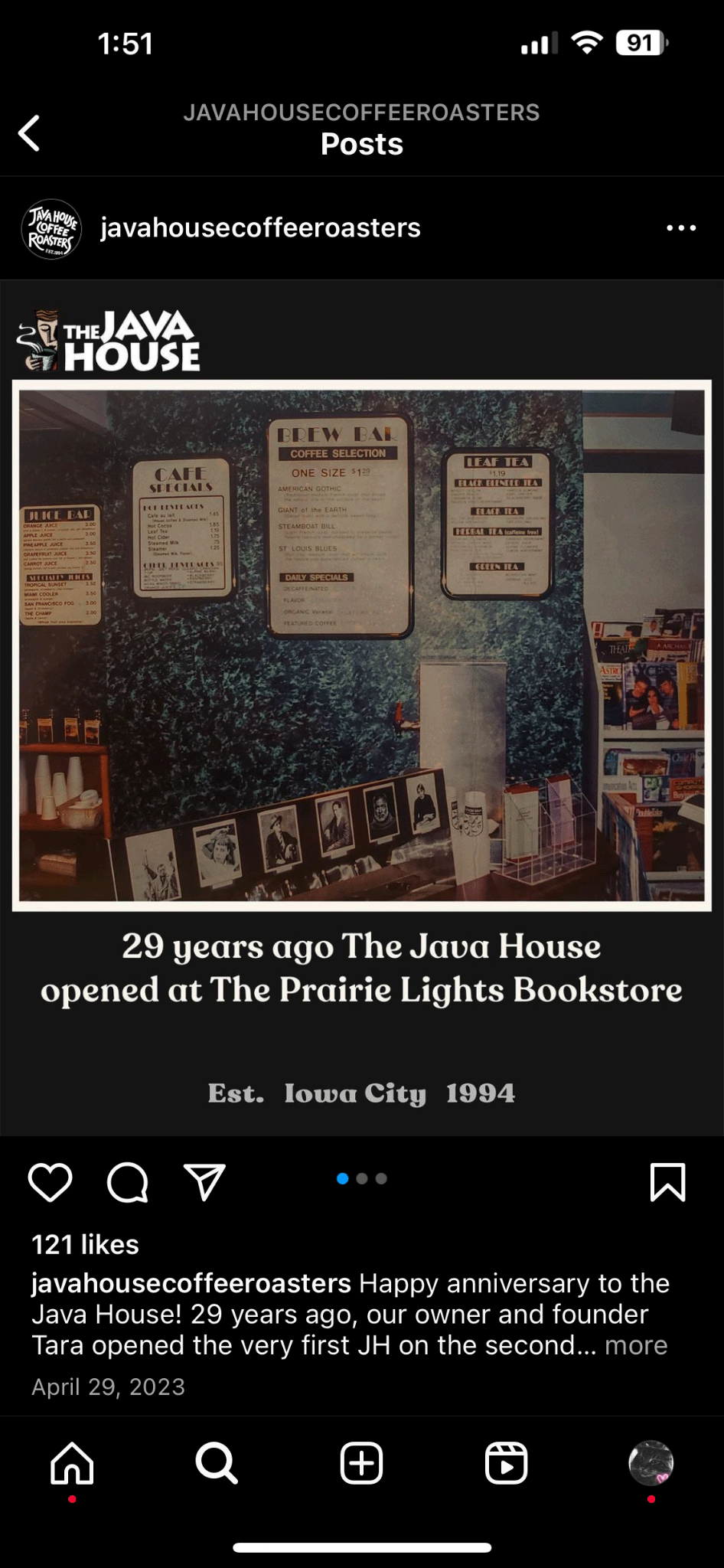 Java House 29th anniversary Instagram post featuring vintage photo and brand history