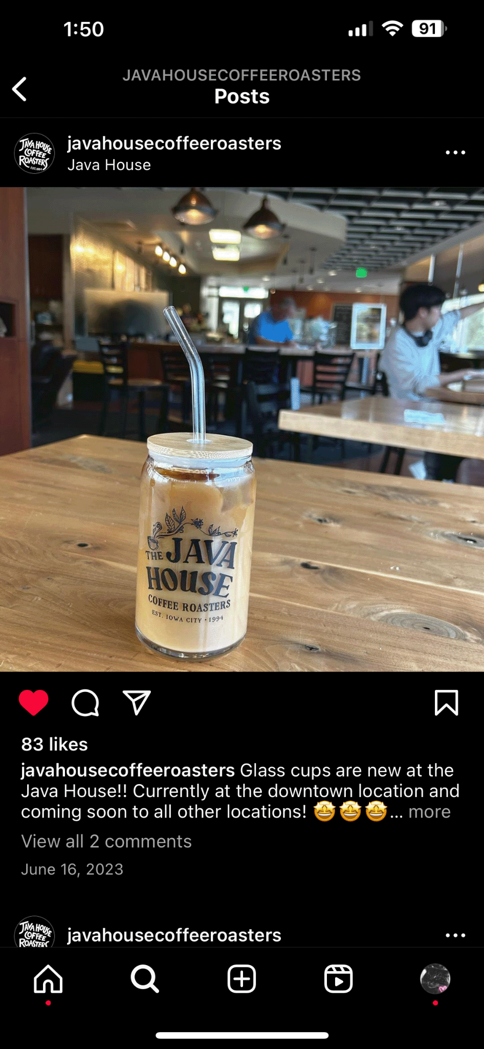 Product photography featuring Java House branded glass cup with iced coffee