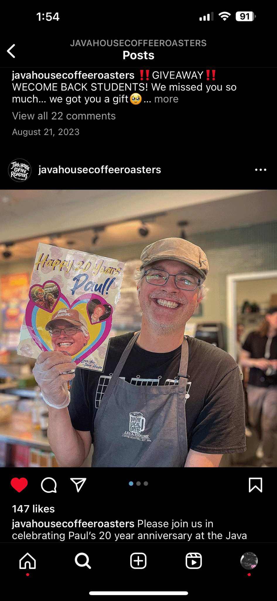 Celebrating Paul for working at Java House for twenty years